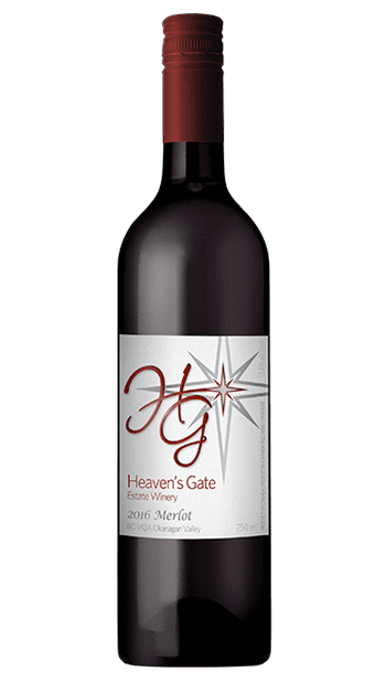 bottle of deep red Heaven’s Gate Winery 2016 Merlot with burgundy label, great with vegetarian dishes