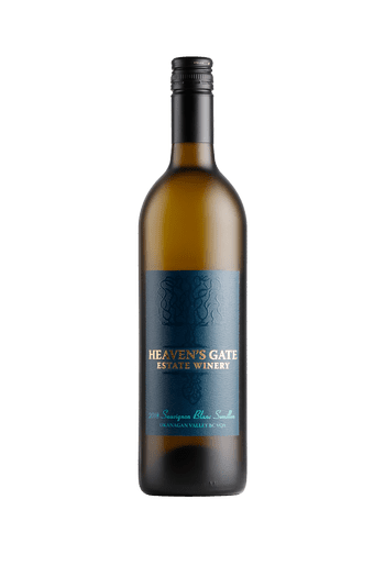 bottle of Heaven's Gate Winery sauvignon blanc semillion 2018 white wine with black cap and dark teal label, great for a holiday wine pairing with turkey