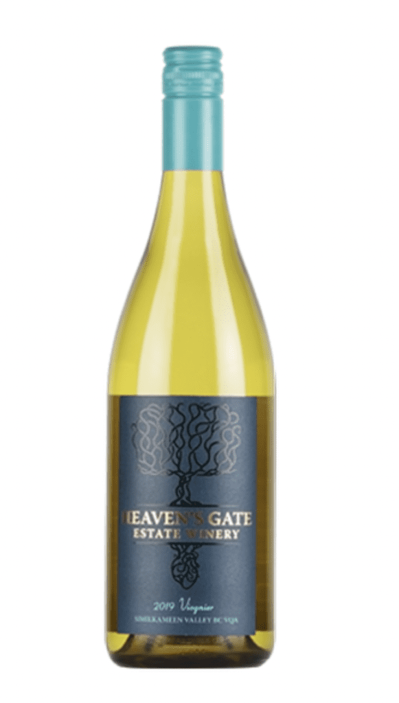 A bottle of Heaven's Gate Winery's 2019 Viognier on a white background.