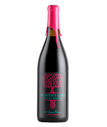 Bottle of Heaven's Gate Winery Gamay Noir with bright pink wax seal and label