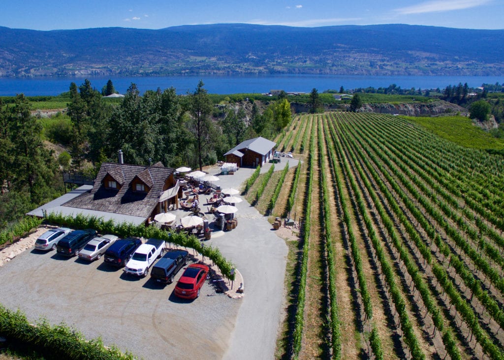 Birds eye view of Heaven's Gate Winery vineyard with Okanagan lake in the background