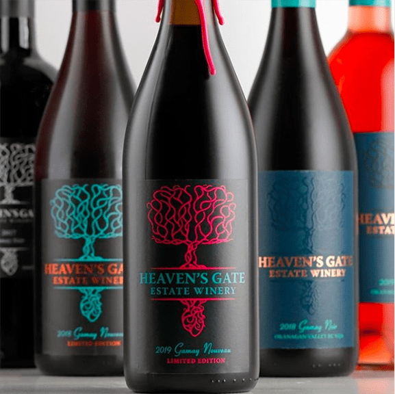 Closeup of Heaven's Gate Winery's Gamay collection, with bottles including Gamay Noir and Gamay Nouveau
